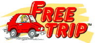 A cartoon red car  running into red letters that spell Free Trip