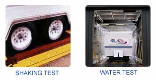 Two Pictures: one of a travel trailer being shaked to test if they are relyable and two a travel trailer being placed in a high pressure rain tunnel to make sure that it is watertight.