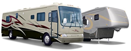 Newmar Mountain Aire motorhome and Kountry Aire fifth wheel painted gray with red, light brown, and dark brown swishes.