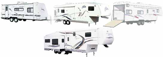 Thor travel trailer, fifth wheel, fifth wheel toy hauler, and a fifth wheeel with slide all painted white with brown, maroon, and blue swishes.