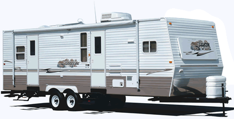 A white with brown trim Layton travel trailer.