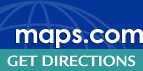 A water mark of the world with the words maps.com get directions.  The whole logo is blue with a green bottom